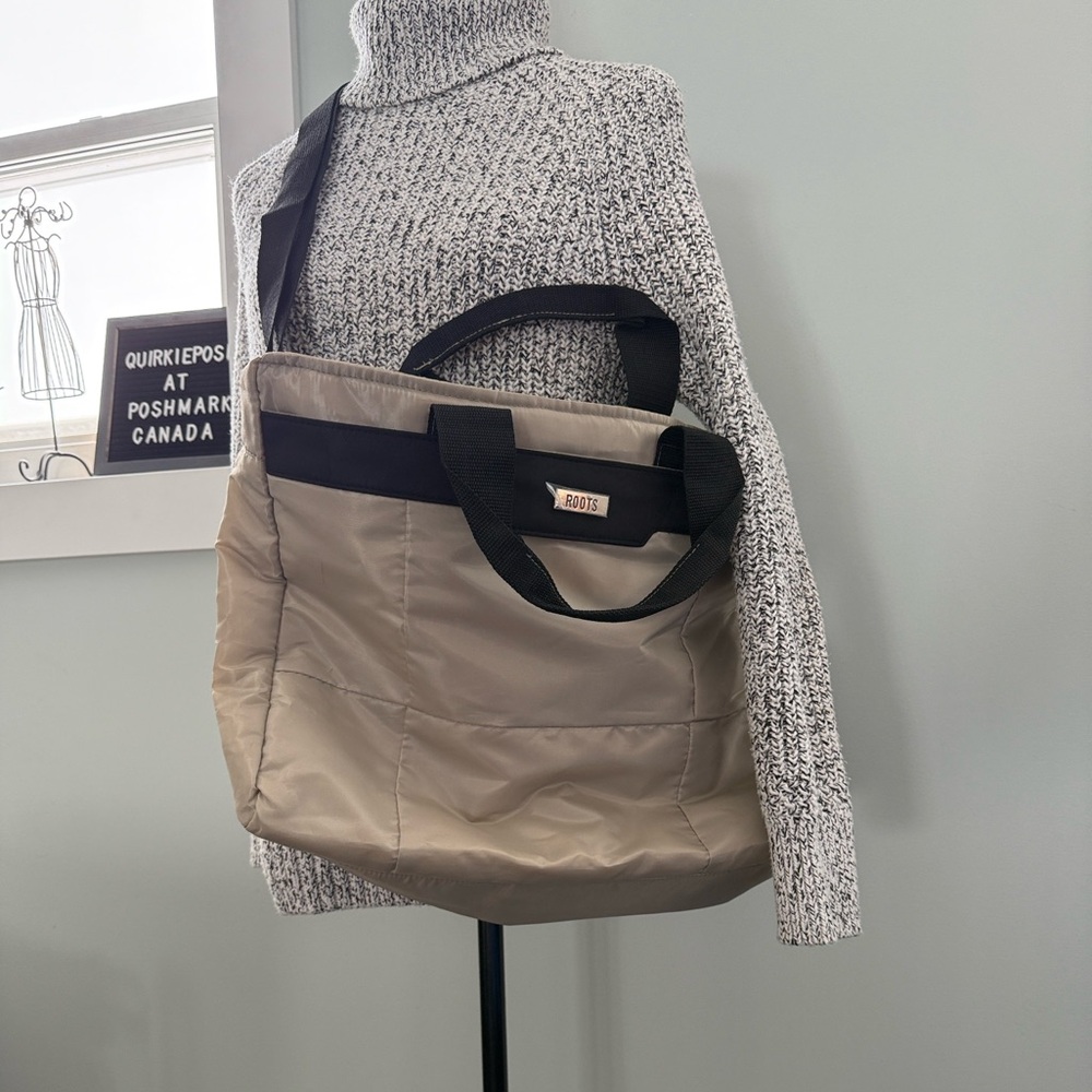 Roots Beige & Black Nylon Tote Bag with Black Straps Zipper Closure with Pocket